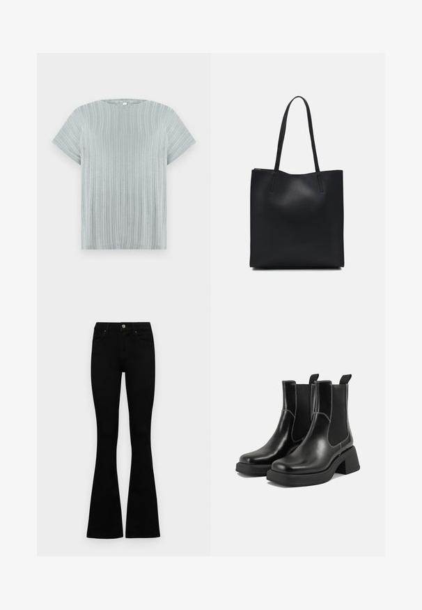 Light grey short-sleeve top with a ribbed texture and round neckline, featuring vertical stripes across the fabric.; Black high-waist jeans with a button and zip closure, front pockets, and flared legs laid flat on a white background.; Black leather Chelsea boots with a chunky heel, elastic side panels, and contrasting white stitching. Textured finish.; Black leather tote bag with smooth texture, rectangular shape, and two long handles. No visible hardware or embellishments.