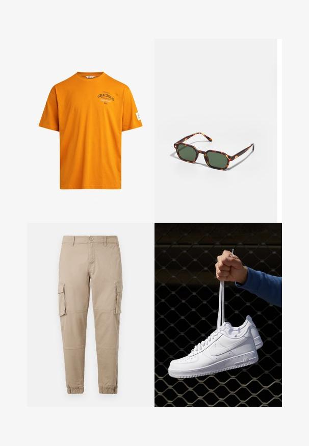 Narančasta pamučna majica kratkih rukava, okruglog izreza, s printanim tekstom. Ima oznaku na lijevom rukavu i ravni donji rub.; Bež cargo hlače od laganog pamuka. Imaju elastične manžete, više bočnih džepova i kopčanje na dugme.; Bijele kožne tenisice s perforacijama, okruglim vrhom, ravnim potplatom i debelim vezicama, s vidljivim swoosh logom i natpisom "AIR" na peti.; Tortoiseshell sunčane naočale s zelenim lećama, sa osmerokutnim oblikom i tankim, zakrivljenim drškama. Materijal ima sjajnu završnu obradu.