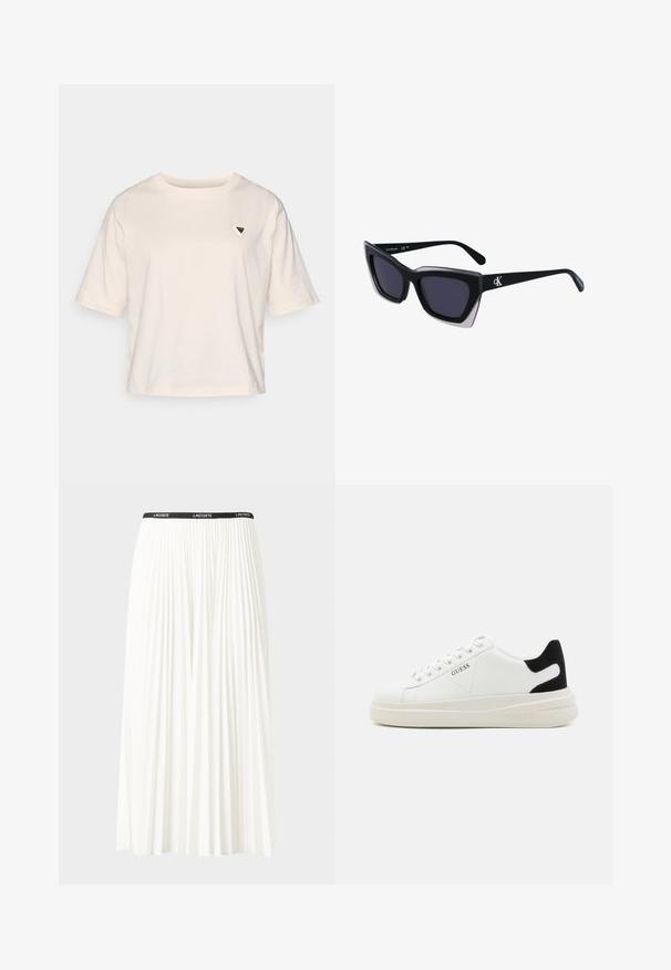 Lys beige kort t-skjorte laget av bomull. Har korte ermer og en liten trekantet logo på venstre bryst. Enkel design, avslappet passform.; Plissert hvit skjørt med en svart elastisk midje som har "LACOSTE"-logoen. Midjelengde design med myk tekstur.; Hvite lær sneakers med tykk hvit såle, svart semsket hælforsterkning og preget logo på siden. Snøresystem med seks hull.; Store svarte solbriller i overdimensjonert størrelse med geometrisk form, med mørke linser og en kontrasterende grå detalj på rammen. Logo på armen.