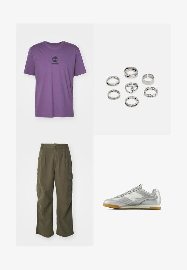 Violeta kokvilnas t-krekls ar īsām piedurknēm, ar melnu Timberland logo centrā uz krūšu daļas. Vienkāršs, ikdienišķs dizains.; Olīvu zaļas kravas bikses, izgatavotas no kokvilnas, ar platām kājām, ar krokām un sānu kabatām funkcionālitātes nolūkos.; Sudraba sporta apavi ar gludu, spīdīgu virsmu, balto logo sānos, teksturētām pelēkajām šņorēm un gumijas zoli.; Septi sudraba gredzeni ar dažādām dizaina iezīmēm, ieskaitot savītas, savienotas un iegravētas formas. Atšķirīgas formas un platumi.