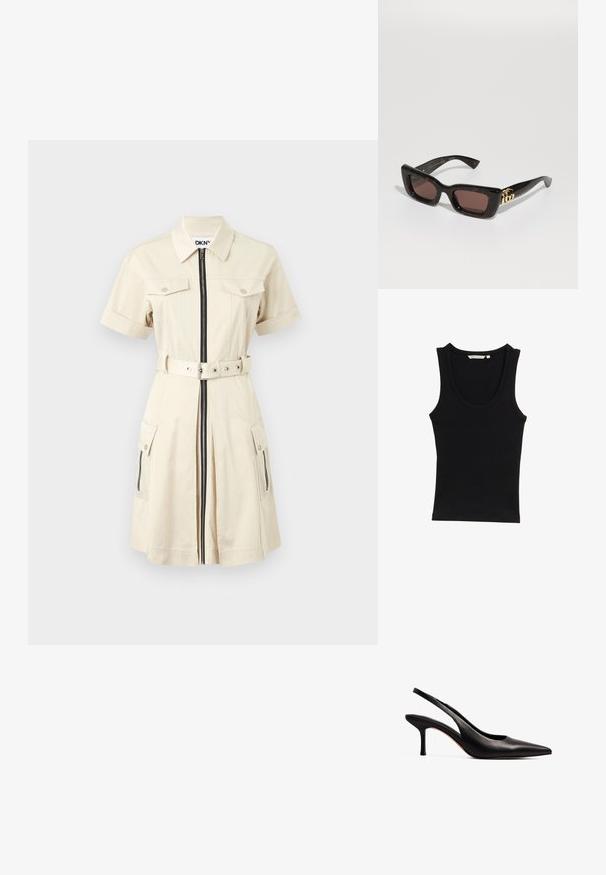Black tank top made of ribbed fabric, featuring a scoop neckline and wide shoulder straps. No visible patterns or accents.; Beige short-sleeve dress with a zip front, belted waist, two chest pockets, and side pockets. Fabric has a smooth, lightweight texture.; NA-KD Classic heels - black; Black tortoiseshell sunglasses with rectangular lenses, brown tint, thick frame, and gold double-G logo detail on the temple.; Gold-tone hoop earrings with a tortoiseshell-patterned resin outer edge, featuring a smooth finish and a sleek, circular shape.