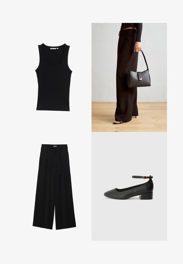 Juodas liemenėlis pagamintas iš tinklelio audinio, su apvaliu iškirpimu ir plačiomis petnešomis. Matomų raštų ar akcentų nėra.; Juoda plačių kojų kelnės, pagamintos iš tekstūruoto audinio, su elastingu juosmeniu ir atsegamu diržu juosmenyje, leidžiančiu reguliuoti dydį.; Juodas odinis aukštakulnis batelis su smailiu pirštu ir žemu bloku. Su kulkšnies dirželiu su auksinės spalvos sagtimi. Lygus paviršius.; Juodas rankinė struktūrizuota forma, lygi tekstūra ir metalinis užsegimas. Suporuota su plačiomis juodomis kelnėmis ir atvirais bateliais ant medinių grindų.