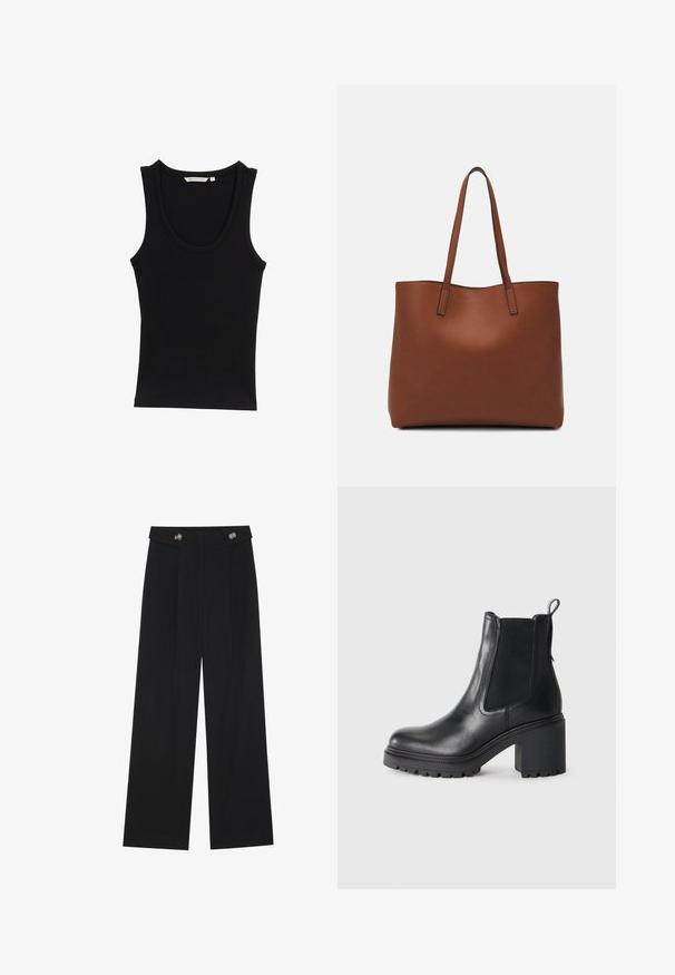 Schwarzes Tanktop aus Rippstoff mit Rundhalsausschnitt und breiten Trägern. Keine sichtbaren Muster oder Akzente.; Schwarze weite Hosen mit hoher Taille, Knopfdetails am Bund und vorderen Falten.; Schwarze Lederstiefelette mit einem breiten Absatz, elastischen seitlichen Einsätzen und einer Zuglasche an der Rückseite. Strukturiertes Profil für besseren Grip.; Braune Leder-Tote mit glatter Textur, offenem Oberteil und zwei Schulterriemen. Verfügt über minimale Nähte und keine sichtbaren Beschläge.