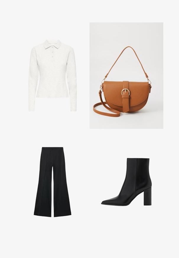 Long-sleeve white polo shirt with three buttons, soft textured fabric, and a classic collar, shown front-facing on a plain background.; Black wide-leg pants with a smooth texture, featuring front pleats and a tailored design. The fabric is lightweight and flowy.; Black leather ankle boot with a pointed toe, square heel, smooth texture, and stitching details along the seams. Heels measure approximately 3.5 inches.; Brown leather crossbody bag with a curved shape, gold hardware, and a buckle accent. Features a detachable shoulder strap.