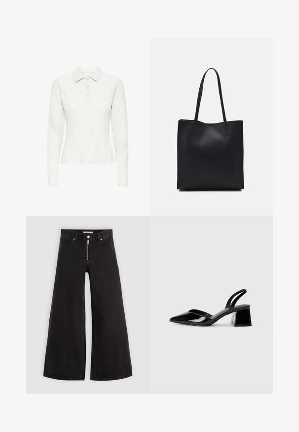 Pitkähihaisen valkoisen polo-paidan, jossa on kolme nappia, pehmeä tekstiilipinta ja klassinen kaulus, esitetty eteenpäin katsovassa asennossa yksinkertaisella taustalla.; Mustat leveälahkeiset farkut, joissa on vetoketjufrunti, viisi-taskuinen muotoilu ja hienovaraiset ompelusyyt. Sileä pinta ja rento tyyli.; Mustat patentoitu nahkakengät, joissa on säären takaosa ja terävä kärki, sekä geometrinen palikkakorko. Sisältää tyylikkään, minimalistisen muotoilun ja sileän pinnan.; Mustapahkainen kangaskassi, jossa on sileä pinta, suorakaiteen muotoinen ja kaksi pitkää kahvaa. Ei näkyvää metalliosaa tai koristeita.