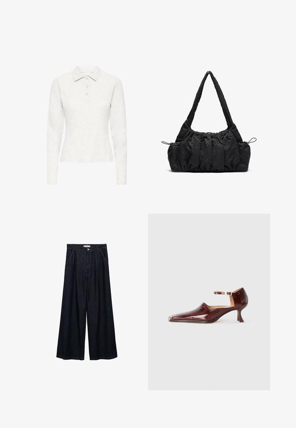 Langärmliges weißes Poloshirt mit drei Knöpfen, weichem Textilmaterial und klassischem Kragen, frontal auf einem einfarbigen Hintergrund präsentiert.; Dunkelblaue, weite High-Waist-Hosen aus Denim mit einem Knopfverschluss vorne, zwei Seitentaschen und Nähdetails.; Burgunderfarbenes Lackleder-Schuhwerk mit einer spitzen Zehe, Knöchelriemen und einem 5 cm hohen, konisch zulaufenden Absatz. Glatte Textur und minimalistisches Design.; Schwarze Stoffhandtasche mit geraffter Textur, zwei Schulterträgern und Kordelzugverschluss an den Seiten. Glattes, leichtes Material.