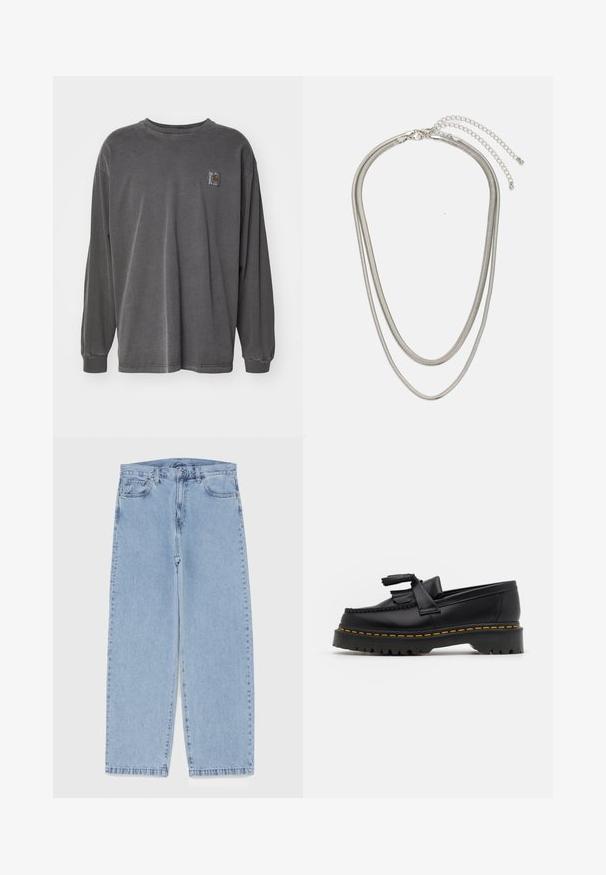 Carhartt WIP VISTA - Camisola de manga comprida - graphite; Jeans de denim azul claro com design de perna reta, apresentando uma cintura de altura média, cinco bolsos e um fecho de botão e zíper.; Mocassim de couro preto com um detalhe de franjas, apresentando uma sola preta robusta e costura amarela ao longo da borda. Acabamento texturizado.; Colar de metal prateado em três camadas, com correntes flexíveis e elegantes que possuem um leve brilho, fechado com um fecho de lagosta e corrente ajustável.