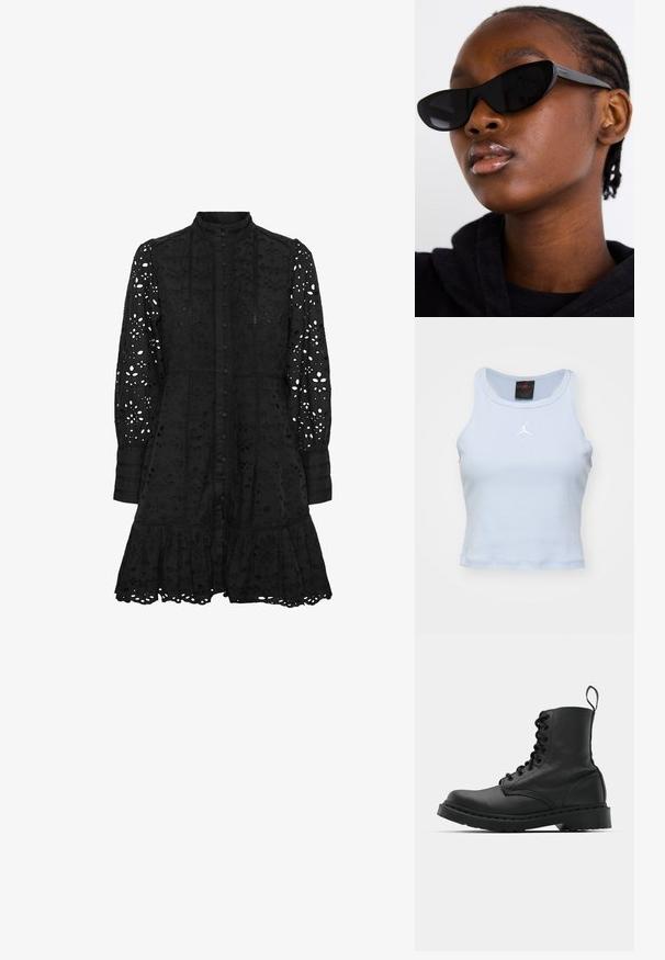 Svetlo modrý priliehavý tielko z rebrovanej látky má okrúhly výstrih a biele logo JORDAN na hrudi. Bezrukávový dizajn.; Čierne vyšívané šaty s vysokým golierom, predným zapínaním na gombíky, dlhými rukávmi a volánovým lemom. Obsahujú výstrihy s kvetinovými a geometrickými vzormi.; Čierna kožená bojová topánka s okrúhlou špičkou, šnurovaním na prednej strane a pútkom pri členku. Má hrubú gumovú podrážku pre trvanlivosť.; Čierne slnečné okuliare v štýle mačacích očí s matným povrchom, s elegantným dizajnom a jemne zakrivenými hranami, umiestnené na pozadí modela v tmavom oblečení.