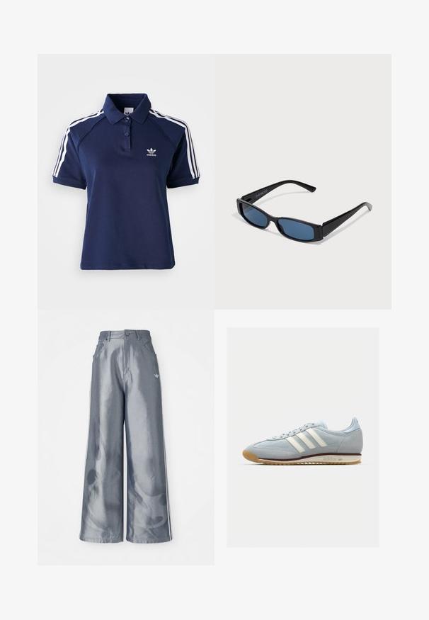 Kreklu polo tumši zilā krāsā, izgatavots no kokvilnas maisījuma, ar apkakli, trim pogām un baltām svītrām plecu daļā; rotāts ar izšūtu logo.; Platas kājas bikses no spīdīga pelēka materiāla, ar baltām sānu svītrām un liesmu rakstu apakšējā kāju daļā. Pogas un rāvējslēdzēja aizdare jostasvietā.; Gaiši zili zamša sporta apavi ar baltām trim svītrām, gumijas zoli un teksturētu sietu. Ietver gludu purngalu un zīmolu uz papēža.; Melnas saulesbrilles ar elegantu taisnstūra ietvaru un ziliem lēciem. Ietver gludu tekstūru un izturīgas kājas. Zīmola logo uz sāniem.