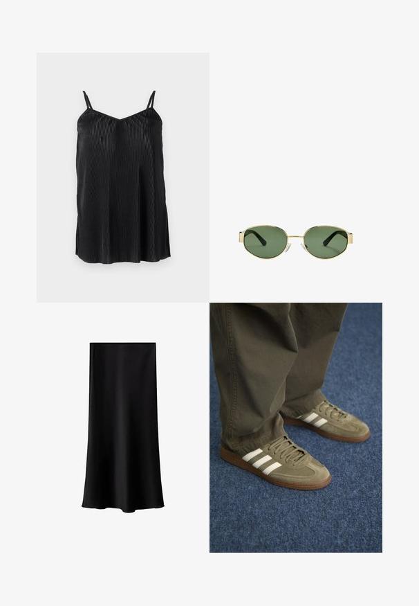 Černý top na ramínka s tenkými nastavitelnými popruhy, zdobený vertikálními sklady a hladkým povrchem, navržený s rovného lemu a volným střihem.; Černá midi sukně vyrobená z hladkého, lehkého materiálu. Disponuje rovný střihem, bez viditelné kovové části a jednoduchým designem bez vzorů.; Zelené semišové tenisky se třemi bílými pruhy, hnědou gumovou podrážkou a texturovanými tkaničkami, spárované s olivově zelenými kalhotami na modrém koberci.; Sluneční brýle s metalickým zlatým rámem, zelenými skly, oválného tvaru, s černými stranicemi a průhlednými nosními podložkami. Čistý, minimalistický design.