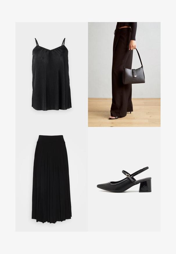 Melna topiņa ar plānām regulējamām siksniņām, ar vertikālām krokām un gludu tekstūru, veidota ar taisnu apakšmalu un brīvu piegriezumu.; Melna plisētā svārku ar augstu, izstiepjamu jostasvietu. Izgatavoti no mīksta auduma, ar vertikālām plisēm, kas rada plūstošu siluetu.; Melns patentēts ādas sandales ar norādīta pirksta formu, noapaļotu izgriezuma dizainu un bloķētu papēdi. Iezīmēta ar zelta toņa sprādzi.; Melnā somiņa ar strukturētu formu, gludu tekstūru un metālu sprādzi. Saskaņota ar platām melnām biksēm un sandālēm ar atvērtu purngalu uz koka grīdas.