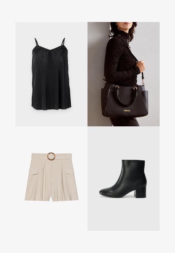 Top negru de tip camisole cu bretele subțiri și ajustabile, prezentând pliuuri verticale și o textură netedă, proiectat cu un tiv drept și o croială lejeră.; Șorturi bej cu talie înaltă, cu un brâu larg și plat, cataramă circulară din lemn, față pliată și două buzunare laterale. Textură de material neted.; Cizme negre din piele până la gleznă, cu vârf ascuțit și toc robust. Textură netedă, cu accente minime și un design elegant, ajustat.; Geantă de umăr neagră cu suprafață texturată, cu două mânere superioare și curea de umăr ajustabilă. Dispune de accesorii metalice de culoare aurie și buzunare laterale.