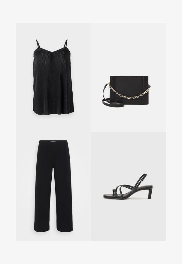 Svart cami-top med tynne justerbare stropper, med vertikale folder og en glatt tekstur, designet med en rett kant og avslappet passform.; Svart bukser med vid benvidde og elastisk midjebånd. Laget av et strukturert materiale, med en løs passform og rett snitt fra hoftene til sømmen.; Sorte sandaler med stropper, firkantet tå og lav blokk hæl. Har flere tynne stropper og en justerbar ankelstropp. Laget av glatt lær.; Svart lær crossbody-veske med glatt tekstur, rektangulær form og metallkjede detaljer på framsiden. Justerbar stroppe inkludert.