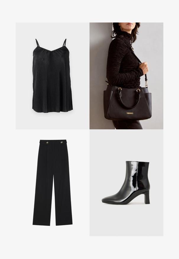 Schwarzes Trägertop mit dünnen verstellbaren Trägern, das vertikale Falten und eine glatte Textur aufweist, mit einem geraden Saum und lockerer Passform gestaltet.; Schwarze weite Hosen mit hoher Taille, Knopfdetails am Bund und vorderen Falten.; Schwarzer Lackleder-Stiefelette mit spitzer Zehe und einem mittelhohen Blockabsatz. Glatte Textur und minimalistisches Design.; Schwarze Handtasche mit strukturierten Oberflächen, doppelten Obergriffen und verstellbarem Schultergurt. Mit goldfarbener Hardware und Seitentaschen.