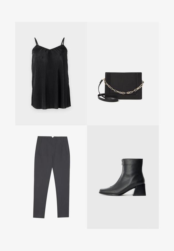 Black camisole top with thin adjustable straps, featuring vertical pleats and a smooth texture, designed with a straight hem and relaxed fit.; Dark gray tapered trousers with side pockets and front pleats, designed for a tailored fit.; Black leather ankle boot with square toe, side zipper, and block heel against plain light background.; Black leather crossbody bag featuring a smooth texture, rectangular shape, and a metallic chain detail on the front. Adjustable strap included.