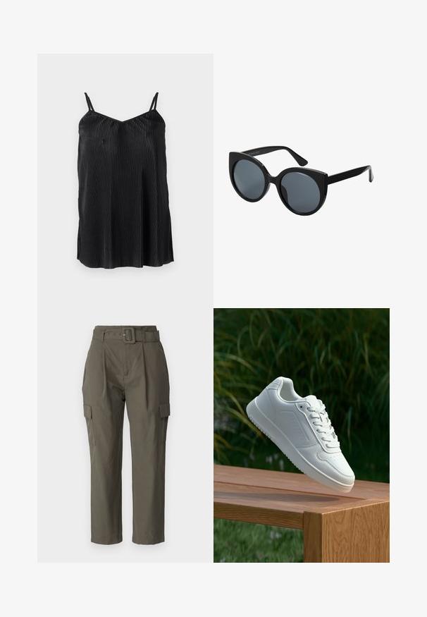 Melna topiņa ar plānām regulējamām siksniņām, ar vertikālām krokām un gludu tekstūru, veidota ar taisnu apakšmalu un brīvu piegriezumu.; Lietus bikses olīvzaļā krāsā, izgatavotas no viegla auduma. Iespējas ietver jostu vidukļa daļā, priekšējās krokas un sānu kabatas ar atloka aizdari.; Baltie sporta apavi ar gludu sintētisku augšpusi, perforētu pirkstu daļu, plakani šņorēm un rakstainu zoli, novietoti uz koka virsmas.; Melnu pārmērīgu saulesbrilles ar kaķa acs formu, tumšiem lēcu tonēmiem un spīdīgu plastmasas rāmi. Ietver biezi tempļi atbalstam.; Brūns zamšādas roku soma ar mīkstu tekstūru, aprīkota ar vienu plecu siksnu un nelielu izliekta augšējā atvēruma dizainu. Nav redzamu metāla detaļu.