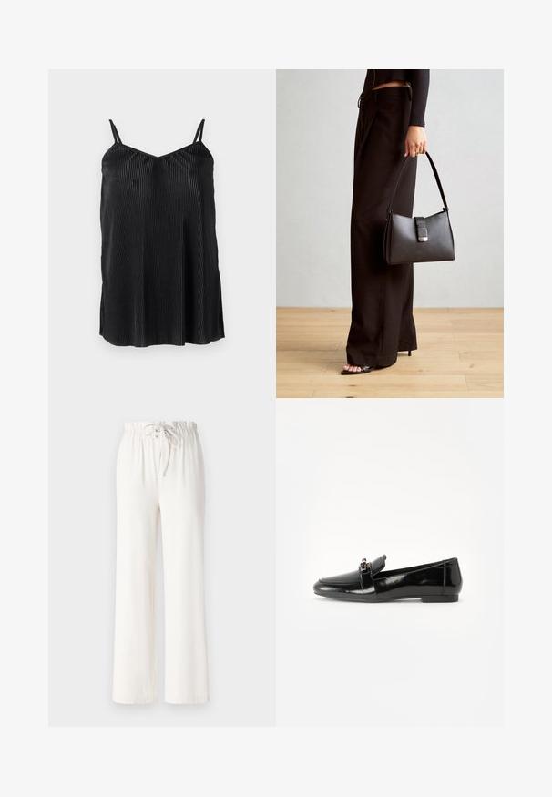Čierny tielko s tenkými nastaviteľnými ramienkami, so zvislými skladmi a hladkou textúrou, navrhnuté s rovnými okrajmi a voľným strihom.; Biele široké nohavice vyrobené z mäkkej tkaniny, s elastickým pásom so šnúrkou a hladkým povrchom. Žiadne vzory ani ozdoby nie sú viditeľné.; Čierne lakované kožené mokasíny s rovnou podrážkou, zaoblenou špičkou a ozdobným pásikom s akcentom v zlatej farbe. Hladký, lesklý povrch.; Čierna kabelka so štruktúrovaným tvarom, hladkou textúrou a kovovou sponou. V kombinácii so širokými čiernymi nohavicami a sandálmi s otvorenou špičkou na drevenej podlahe.