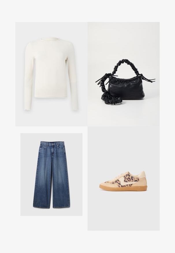 Garais garām piedurknēm, krēmkrāsas pieguļošs tops ar viļņainu apkakli un apakšmalu, prezentēts uz vienkārša gaiši pelēka fona.; Platām kājām zila denima bikses ar izbalējušu apdari, ar pogu un rāvējslēdzēju, pieciem kabatām un jostu cilpām.; Leoparda drukas kedas ar beidzējo zamša virsu, brūnu gumijas zoli un baltām akcenta detaļām. Apļveida purngals un auklu aizdare ar strukturētu virsmu.; Melnā mākslīgās ādas rokassoma ar krokodila rakstu, savilkta augšdaļa un saburzīta siksna. Izskatās mīksta un kompakta pēc dizaina.