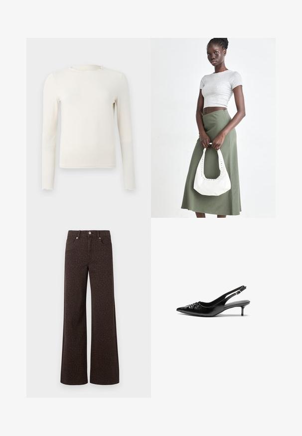 Dlhý rukáv, krémovo zafarbený priliehavý top s volánovým okrúhlym výstrihom a lemom, zobrazený na jednoduchej svetlošedej pozadí.; Hnedé nohavice s širokými nohavicami s jemným vzorom leopardíka, vyrobené z denimu s hladkou textúrou a klasickým dizajnom piatich vreciek.; Čierne kožené slingback podpätky s ostrou špičkou, malým podpatkom a dekoratívnym uzlom vpredu. Hladký povrch po celom obvode.; Sivý pruhovaný crop top a olivovo zelená sukňa s vysokým pásom. Model drží bielu ramennú tašku s vyrezávanými detailmi. Jednoduchý dizajn, priliehavý strih.