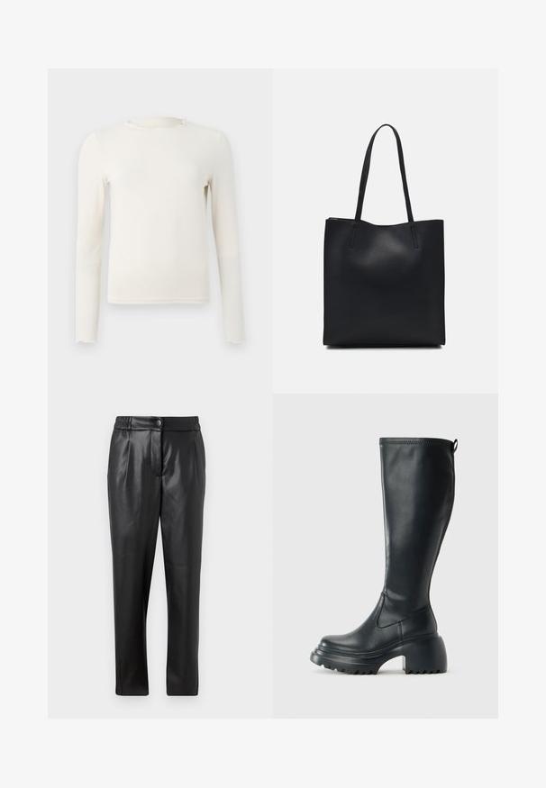 Dugi rukav, kremasti uski top s volanima na okruglom izrezu i rubu, prikazan na jednostavnoj svijetlosivoj pozadini.; Crne kožne hlače s glatkom teksturom, ravnog kroja, elastičnim pojasom i prednjim kopčanjem na dugme; nabran detalj i suženi nogavič.; Visoke crne kožne čizme s debelim platformskim đonom i blok petom, s patentom za povlačenje i teksturiranim uzorkom na potplatu.; Crna kožna torba za nošenje s glatkom teksturom, pravokutnim oblikom i dvije duge ručke. Nema vidljivih metalnih dijelova ili ukrasa.
