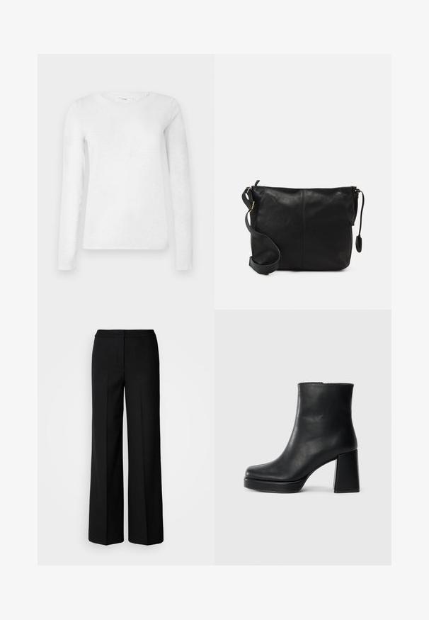 Hvit langermet bomull T-skjorte for kvinner med rund hals, vist på en enkel hvit bakgrunn.; Svarte vide bukser med et glatt stoff, med høy livvidde, skreddersydde sømmer og et minimalistisk design. Ingen synlig maskinvare eller lommer.; Sorte skinnankelsko med blokkhæl og plattformsåle, sett fra siden på en enkel hvit bakgrunn.; Svart skinn crossover-veske med flat form, gullfarge detaljer og justerbar stropp. Glatt tekstur med minimale sømmer.