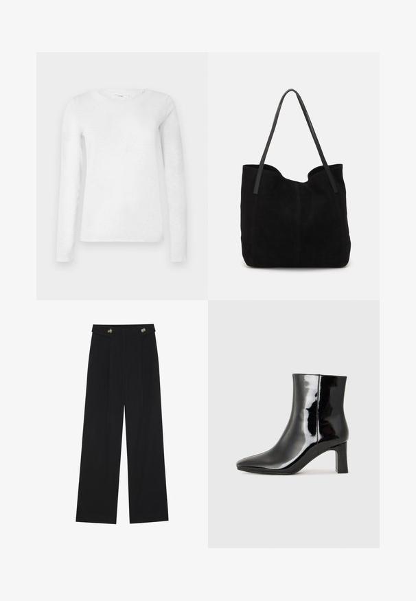 White women's long-sleeve cotton t-shirt with round neckline, displayed on a plain white background.; Black wide-leg trousers with high waist, button details on waistband, and front pleats.; Black patent leather ankle boot with a pointed toe and a mid-height block heel. Smooth texture and minimalist design.; Black suede tote bag with two long, flat leather straps. Features a curved top edge and visible stitching along the front. No hardware accents.
