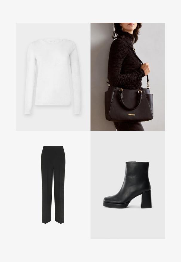 Valge naiste pika varrukaga puuvillane T-särk, ümmarguse kaeluse ja tavalise valge taustaga.; Mustad mustad püksid sirge säärega disainiga, lihtsa vöökoha ja ilma nähtavate taskuteta, esitatud valgel taustal.; Must musta ankle boot, milleplokk-konts ja platvormi tallaga, vaadatud küljelt ühetoonilise valge tausta peal.; Musthave must kott, millel on tekstuurne pind, kaks ülemist käepidet ja reguleeritav õlarihm. Omab kuldse tooni riistu ja külgtaskuid.