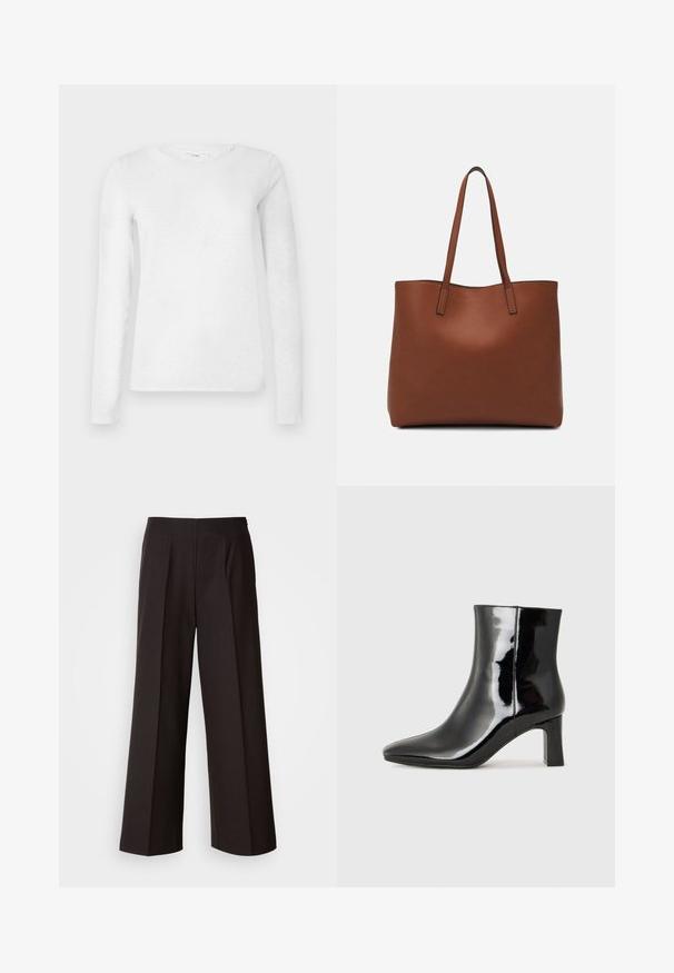 Camisola de algodão de manga longa branca para mulheres, com decote redondo, exibida sobre um fundo branco liso.; Calças largas pretas com frente plana, pregas e uma textura de tecido suave. Apresentam uma cintura alta e um corte ajustado para um caimento estruturado.; Botim de tornozelo em pele sintética preta com bico apontado e salto bloco de altura média. Textura suave e design minimalista.; Bolsa tote de couro castanho com uma textura suave, design de abertura superior e duas alças para o ombro. Apresenta costura mínima e sem hardware visível.