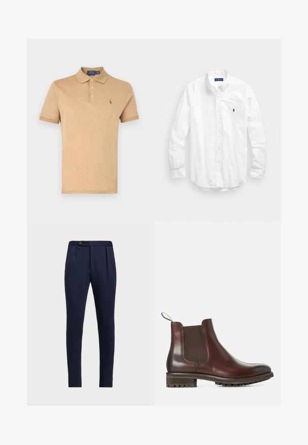Μπεζ πόλο μπλούζα φτιαγμένη από μαλακό υλικό, με τριών κουμπιών κλείσιμο, κοντά μανίκια και μικρό κεντημένο λογότυπο στο αριστερό στήθος.; Λευκό πουκάμισο μακριά μανίκια με κουμπιά από βαμβάκι. Διαθέτει κλασικό γιακά, κουμπιά στα μανίκια και μικρό ναυτικό κεντημένο λογότυπο στο στήθος.; Σκούρο μπλε κομμένα παντελόνια με επίπεδο μπροστινό μέρος, δύο πλαϊνές πτυχώσεις και έναν κουμπί για κλείσιμο, με λείο και υφαμένο ύφασμα.; Καφέ δερμάτινες μπότες Chelsea με ελαστικές πλαϊνές επενδύσεις, θηλιά για εύκολη χρήση και υφασμάτινη σόλα. Λείο φινίρισμα με ανθεκτικό χαμηλό τακούνι.