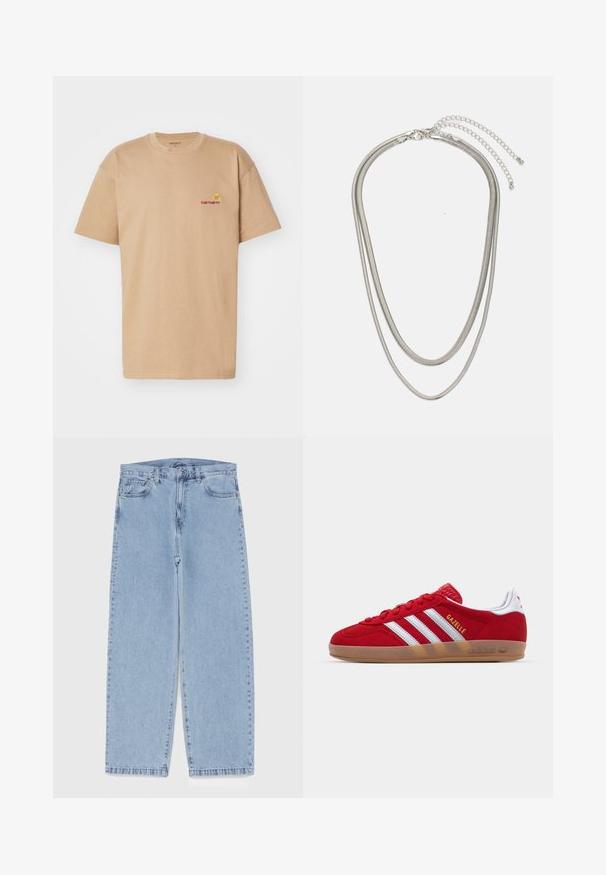 T-shirt in cotone beige con maniche corte, collo a giro e logo Carhartt rosso ricamato sul lato sinistro del petto. Design semplice e dal taglio rilassato.; Jeans in denim azzurro chiaro con design a gamba dritta, caratterizzati da una vita media, cinque tasche e chiusura con bottone e zip.; Sneaker in suede rosso con design a tre strisce bianche e testo "Gazelle" in oro. Presenta una suola in gomma color cuoio e un tallone testurizzato.; Collana in metallo argentato a tre strati caratterizzata da catene sottili e flessibili con una leggera lucentezza, fissata con un gancio a molla e una catena regolabile.