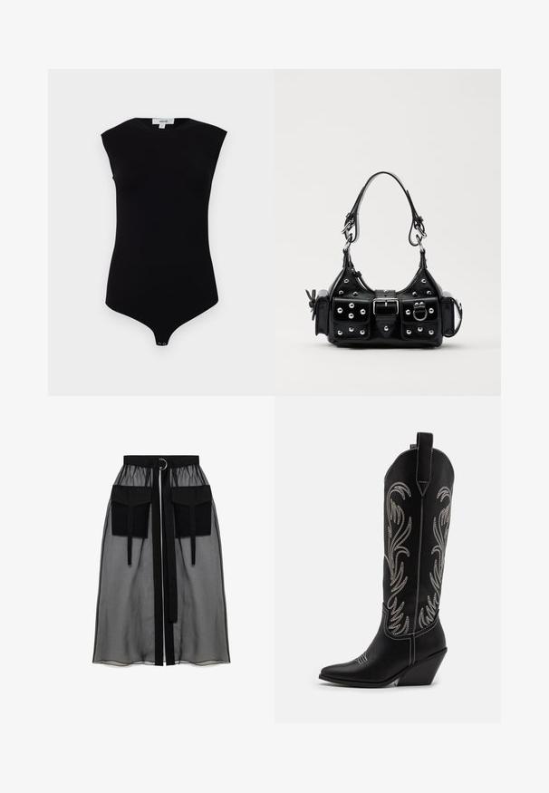 Fekete ujjatlan testharisnya magas nyakkivágással, puha anyagból, és patentos záródással az alján. Sima textúra és testre simuló dizájn.; Fekete áttetsző szoknya ráncolt derékrésszel, két nagy elülső zsebbel, derékpánttal és kör alakú fém díszítéssel.; Fekete bőr cowboy csizmák hegyes orral, wedge sarkakkal és ezüst hímzett virágmintákkal a szár mentén. Kontraszt varrás az egész csizmán.; Fekete bőr kézitáska ívelt designnal, ezüst szegecsekkel, csattal és két oldalsó zsebbel. Állítható vállpánt a hordozási lehetőségekhez.