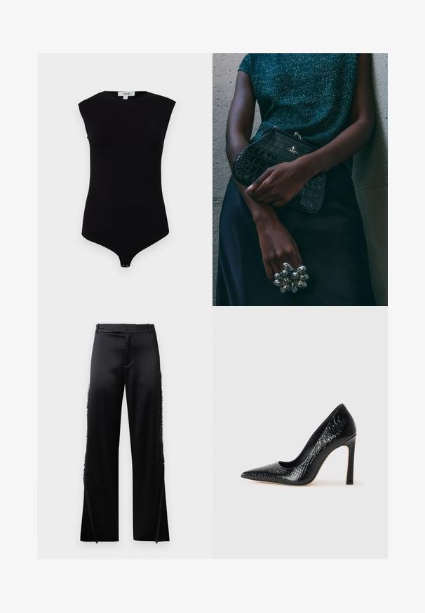 Mustakuosisetön bodysuit korkealla kauluksella, pehmeä kangas ja neppari alhaalla. Sujuva rakenne ja tiukka muotoilu.; Musta satiinifarkut leveillä lahkeilla, joissa on fringed yksityiskohtia sivusaumojen varrella ja tasainen vyötärönauha edessä. Takana pelkistetty ilme ilman taskuja.; Musta kapea nilkkakorkokenkä krokotiilin nahkakuviolla, joka on varustettu tyylikkäällä muotoilulla, korkealla stiletto-korkealla ja sileällä mustalla sisäosalla.; Musta krokotiilihäntäinen penaali, jossa on hopeiset yksityiskohdat, pidetään teksturoitua harmaata taustaa vasten. Pintamateriaali kiiltävä.