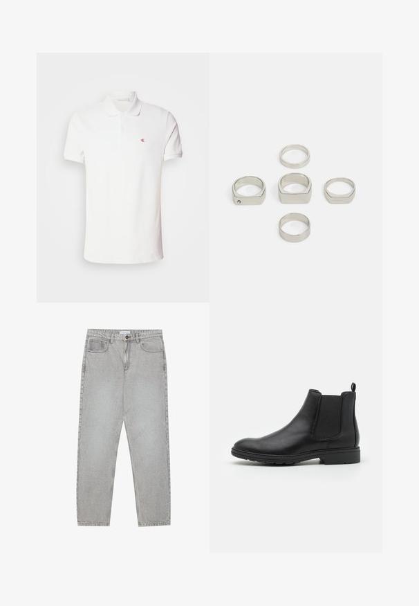 Camisa polo branca feita de algodão, com uma pala de três botões e mangas curtas. Apresenta um pequeno logótipo vermelho no lado esquerdo do peito.; Calças de ganga cinza claro com um design de perna reta, estilo de cinco bolsos e fecho com botão. Costura visível ao longo das costuras.; Botim Chelsea em couro preto com painéis laterais elásticos e uma alça, apresentando um bico arredondado e sola de borracha texturizada.; Conjunto de seis anéis metálicos prateados em várias formas, incluindo redondos e quadrados, apresentando texturas suaves e um design minimalista.