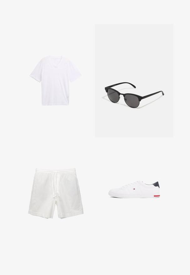 Bela majica z V-izrezom iz lahkega bombaža. Kratke rokave in sproščen kroj. Gladka tekstura brez grafičnih vzorcev ali dodatkov.; Beli bombažni šortsi z elastičnim pasom in vrvico, stranskima žepoma in ravnim krojem s končanimi robovi.; Beli nizki športni čevlji iz gladkega usnja. Imajo mornarsko modro zaščito na peti in rdeč poudarek na podplatu. Šest lukenj za vezalke.; Črne sončna očala z okroglimi lečami, mat površino in značilno obliko mačjih oči. Tanke nogice z diskretnim logotipom na levem templju.
