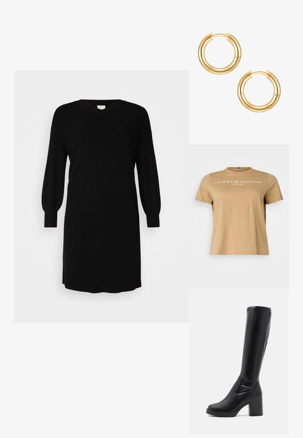 Tan bomulds t-shirt med rund hals, korte ærmer og hvid "TOMMY HILFIGER EST. 1985" tekst på fronten. Klassisk pasform.; Sort strikket kjole med V-udskæring, lange ballonærmer og ribbede manchetter. Simpelt design med lige snit og knælangt længde.; Sorte knæhøje støvler lavet af glat læder med en kraftig hæl og en afrundet tå. Har et sømløst design og diskrete syningsdetaljer.; Guld hoops øreringe med et dobbeltlagsdesign. Glat, blank overflade med en sømløs lukningsmekanisme. Rund form med et moderne udseende.