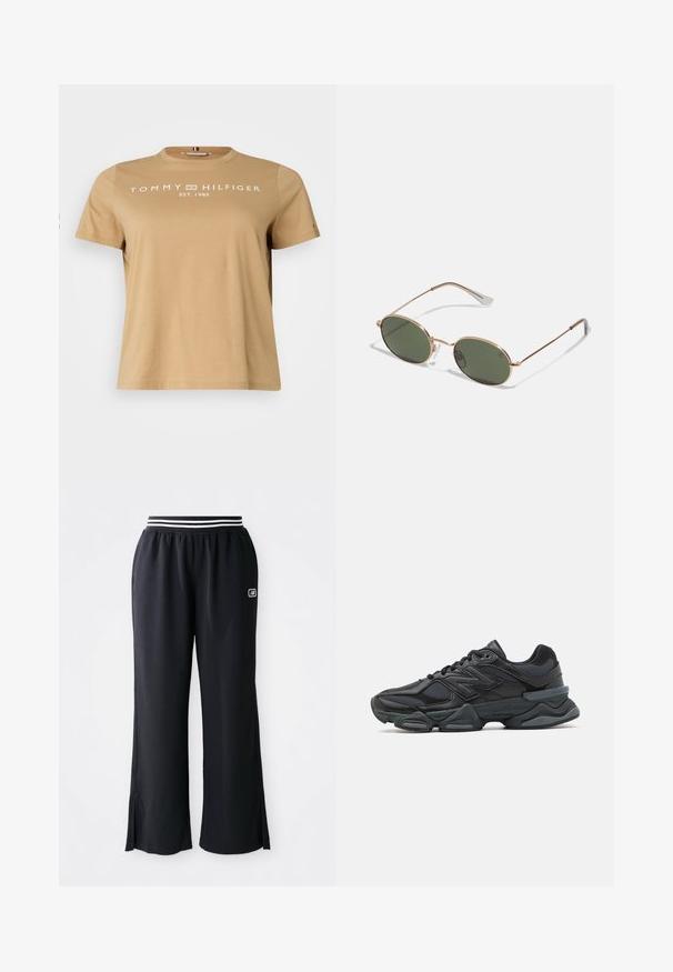 Világosbarna pamut póló kerek nyakkal, rövid ujjal és fehér "TOMMY HILFIGER EST. 1985" felirattal az elülső részen. Klasszikus szabású.; Fekete sportnadrág széles nadrágszárral, rugalmas derékpánttal, fekete-fehér csíkokkal, és oldalsó sliccekkel a szegélyen.; Fekete futócipő, mely háló és szintetikus anyagok keverékéből készült, vastag talppal, ívelt kialakítással és hangsúlyos logóval az oldalon.; Aranyszínű fém napszemüveg ovális zöld lencsékkel, vékony szárakkal és átlátszó gumírozott végekkel a kényelem érdekében. Minimalista dizájn, látható márka nélkül.
