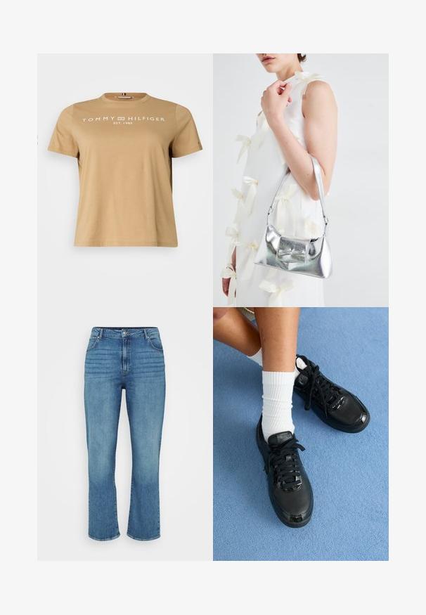 Béžové bavlnené tričko s okrúhlym výstrihom, krátkymi rukávmi a bielym textom "TOMMY HILFIGER EST. 1985" na prednej strane. Klasický strih.; Svete modré džínsy s rovnými nohavicami, ktoré majú päť vreciek, pútka na opasok a jemné vyblednutie vpredu.; Čierne tenisky Nike majú štruktúrovaný zvršok, lesklé akcenty a okrúhle šnúrky. Sú skombinované s bielymi rebrovanými ponožkami na svetlomodrom povrchu.; Strieborná metalická kabelka so štruktúrovaným tvarom, ktorá má hornú rukoväť a mašľu na prednej strane. Hladká textúra, reflexný povrch.