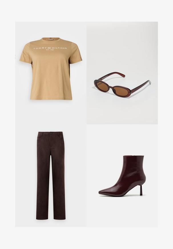 Kreemikas puuvillane T-särk ümmarguse kaeluse ja lühikeste varrukatega, millel on ees valged "TOMMY HILFIGER EST. 1985" tekst. Klassikaline lõige.; Sirgeda tumepruunest seemisnahast püksid, millel on ees nupp ja tõmblukk, pentsi aasad ning küljetaskud.; Burgundi patendnahast pahklu saapad terava ninaga ja slim stilettokanna, millel on sile ja läikiv tekstuur ning minimalistlik disain.; Ümar, pruunikased päikeseprillid läikiva burgundia raami ja peente kaubamärgi detailidega. Peened sangad ja lame läätsedesain.; Kootud burgundia punane käekott, millel on ümar kuju ja üks sang, millel on tekstureeritud pind ja elastne köidiku sulgemine.