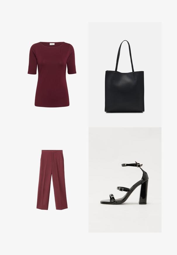 Kaffe YOKO ciemnoczerwony; Bordowe spodnie typu wide-leg o gładkiej teksturze, z bocznymi kieszeniami i wysokim stanem. Skrojone z wyraźnym zagięciem z przodu.; Czarne lakierowane sandały na obcasie z kwadratowym noskiem, z paskami wokół kostki i srebrnymi klamrami. Posiadają masywny słupek dla stabilności.; Czarna skórzana torba tote o gładkiej fakturze, prostokątnym kształcie i dwóch długich uchwytach. Brak widocznych elementów metalowych i ozdób.