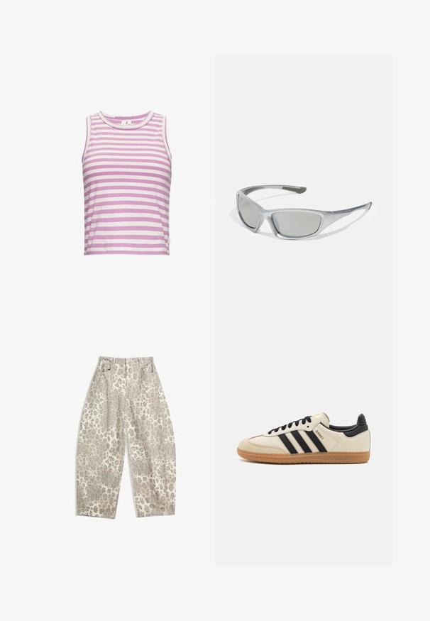 Lila- und weiß gestreifter ärmelloser Crop-Top aus weichem Stoff, mit rundem Halsausschnitt und einem gestickten Etikett an der Seite.; Leoprint-Hose in einem hellbeigen Farbton, mit einem hoch sitzenden Design, weitem Bein und zwei frontalen Taschen. Hergestellt aus einem glatten Stoff.; Beige Sport Schuh mit schwarzen Streifen, Gummisohle und schwarzen Akzenten. Verfügt über ein Obermaterial aus glattem Leder und ein rundes Zehendesign.; Graue Sonnenbrille mit einem eleganten, leichten Kunststoffrahmen. Verfügt über getönte graue Gläser und strukturierte Seitenelemente für zusätzlichen Halt.; Schwarze und silberne adidas-Handtasche mit einer glatten Textur, die ein glänzendes, genietetes Muster und ein markantes, geschwungenes Design aufweist.