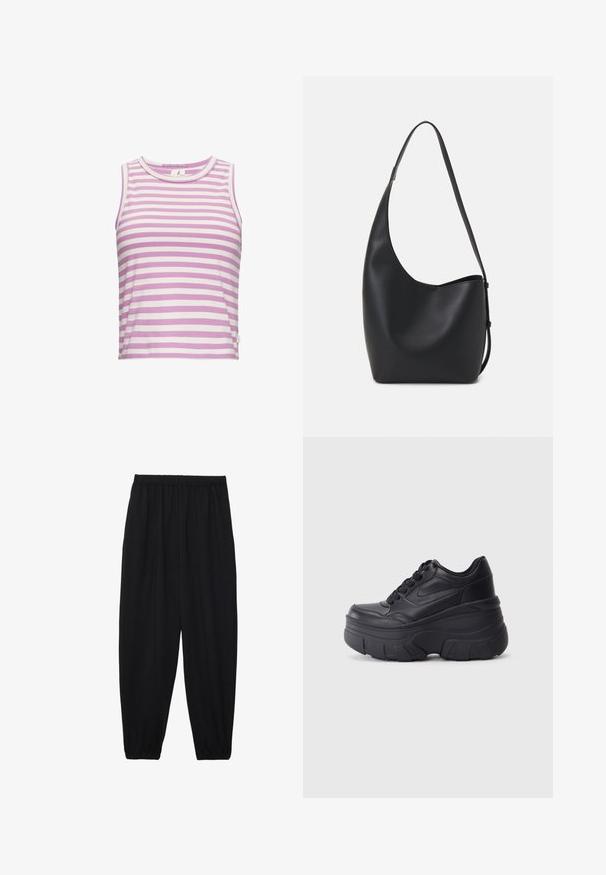 Top a corsetto senza maniche a righe viola e bianche, realizzato in tessuto morbido, con scollatura rotonda e un'etichetta ricamata sul lato.; Pantaloni neri leggeri con vita elastica e caviglie arricciate. Il tessuto è liscio e presenta un design rilassato e affusolato.; Sneaker nere con lacci e suola spessa, caratterizzate da una tomaia in pelle liscia, punta arrotondata e un distintivo design a piattaforma stratificata.; Borsa hobo nera in pelle con una superficie liscia, forma curvata e una singola tracolla regolabile; presenta un'ampia apertura nella parte superiore.