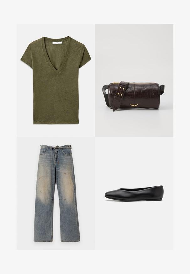 Olivově zelené tričko s výstřihem do V a krátkými rukávy, vyrobené z měkkého materiálu, s volným střihem a nenápadnou melírovanou strukturou.; Světle modré džíny vyrobené z denimu s volným, rovně střiženým designem. Obsahují efekt blednutí, opotřebování a poškozené detaily v oblasti kolen. Klasický pětigrecký styl.; Paul Smith TOPANGA - Klasické baleríny - black; Hnědá kabelka z krokodýlí kůže s embosováním, cylindrického tvaru, se zlacenými kovovými prvky a odnímatelným popruhem se hroty.