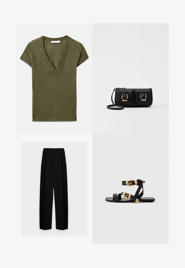 Oliivroheline V-kaelusega t-särk lühikeste varrukatega, pehmest materjalist, millel on mugav lõige ja peen hallikas textuur.; Mustad laiad püksid kõrge vöökohtaga, millel on voldid ja sujuv tekstuur. Kanga välimus on kerge ja see ripub elegantselt.; Mustad nahast sandaalid kuldsete pandlitega, millel on mitmed rihmad ja lame talladisain avatud varba jaoks.; Must küllastamata nahast õlakott, millel on kaks esist nähtavat taskut, kuldsed pandlad, tõmblukuga sulgemine ja peen rihm. Tekstuuriga pind ja kompaktne ristkülikukujuline kuju.