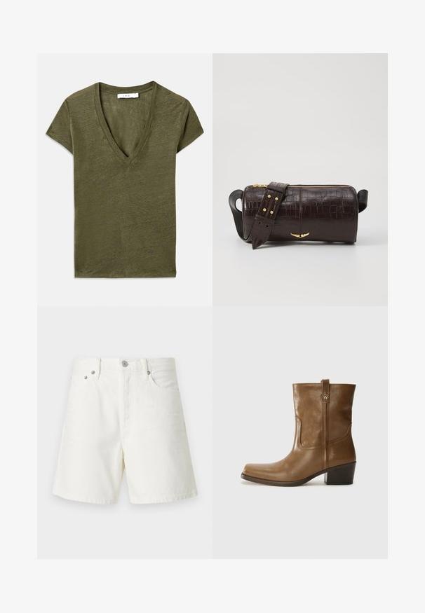 Maslinasto zeleni V-izrez majica s kratkim rukavima, izrađena od mekanog materijala, s opuštenim krojem i suptilnom meliranom teksturom.; Bijele traperice kratke hlače s ravnim krojem, dizajnom s pet džepova, prednjim kopčanjem na dugme, srebrnim detaljima i šivenim ukrasima.; Smeđa kožna cipela do gležnja sa četvrtastim vrhom, teksturiranim finišem i niskim složenim potpeticom. Ima stražnju petlju za navlačenje i suptilne detalje šivanja.; Smeđa torba od kože s embosiranim krokodilskim uzorkom, cilindričnog oblika, zlatne hardverske detalje i odvojivu naramenicu sa čavlima.