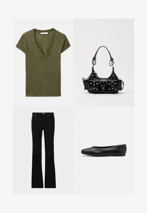 T-shirt verde oliva em V com mangas curtas, feito de material suave, com um corte descontraído e uma sutil textura melange.; Calças pretas de ganga em corte flare, com dois bolsos frontais, fecho com botão e uma textura suave. Costura característica visível nas costuras.; Paul Smith TOPANGA - Sabrinas - black; Bolsa de couro preta com um design curvado, apresentando tachas prateadas, uma fivela e dois bolsos laterais. Alça ajustável para opções de transporte.