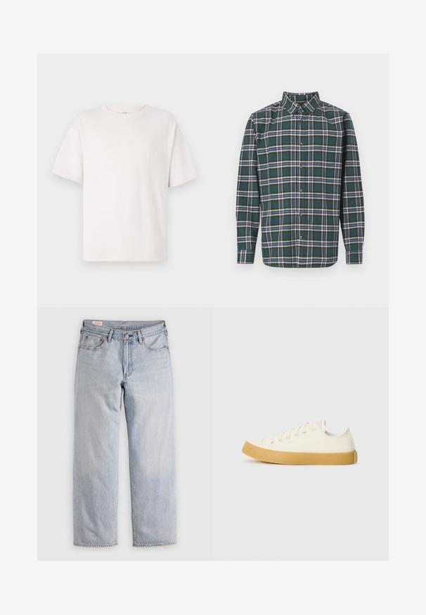 T-shirt branco de manga curta feito de algodão suave. Apresenta um decote redondo e um corte descontraído. Textura lisa, sem padrões ou detalhes.; Camisa de flanela verde com um padrão de xadrez apresentando linhas azuis, brancas e mostarda. Frente com botões e colarinho pontudo. Mangas compridas.; Jeans de perna reta, azul claro, com cintura alta, fechamento por botão e bolsos dianteiros e traseiros, exibidos sobre uma superfície plana.; Sapatilhas de tela em off-white com biqueira redonda, apresentando solas de borracha bege e cinco ilhós para atacadores, acabamento texturizado na parte superior.