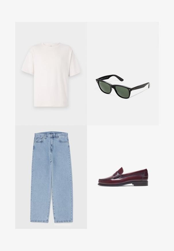 T-shirt bianco a maniche corte realizzato in morbido cotone. Caratterizzato da un collo rotondo e una vestibilità comoda. Texture liscia senza motivi o dettagli.; Jeans in denim azzurro chiaro con design a gamba dritta, caratterizzati da una vita media, cinque tasche e chiusura con bottone e zip.; Mocassino in pelle bordeaux con punta tonda, dettagli cuciti e un piccolo accentu decorativo sulla tomaia. Suola piatta in contrasto.; Occhiali da sole in plastica nera con lenti verdi, montatura quadrata, dettaglio argento sulla parte superiore e steli con texture. Marchio indicato sulla parte interna dello stelo.; Borsa a tracolla in pelle marrone con un davanti piatto, due cinghie, dettagli in metallo dorato e una tracolla regolabile.