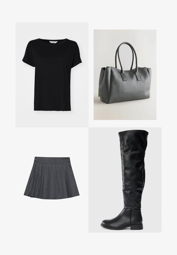 Tricou negru cu mânecă scurtă din material moale, cu decolteu rotund și o croială lejeră, având detalii cu tiv cusut.; Fustă tip skater gri cu dungi subțiri, cu un talie ajustată, formă în evazat tip A și textură de țesătură moale. Liniile verticale sporesc interesul vizual.; Cizme negre până la genunchi, dintr-o piele netedă, cu vârf rotund, toc mic și un șanț ușor lăsat, cu detalii de cusătură.; Geantă de piele gri cu două mânere, formă rectangulară, textură netedă și design minimalistic. Prezintă panouri laterale plate și cusături subtile.
