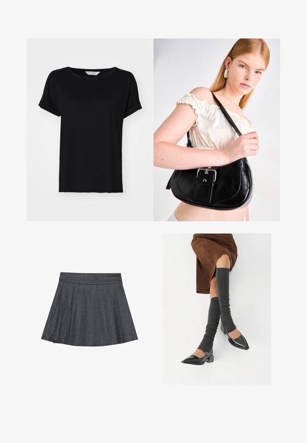 Must mustre T-särk lühikeste varrukatega, valminud pehmest kangast, ümmarguse kaelusega ja vabalt istuv, koos õmmeldud servadetailidega.; Halli pinstriped skater seelik, millel on sobiv vöökoht, flared A-line kuju ja pehme kangas. Vertikaalsed jooned suurendavad visuaalset huvi.; Mustad patsaline odav värviga kingad, millel on kreen ja pahkluuring, on paaritatud hallide ribakudumitega sääremiidega ja pruunist nahast seelikuga.; Must küllast must nahk õlakott, millel on kõver kuju, läikiv hõbedane riistvara ja eemaldatav silt. Sile tekstuur, millel on peened õmblused.