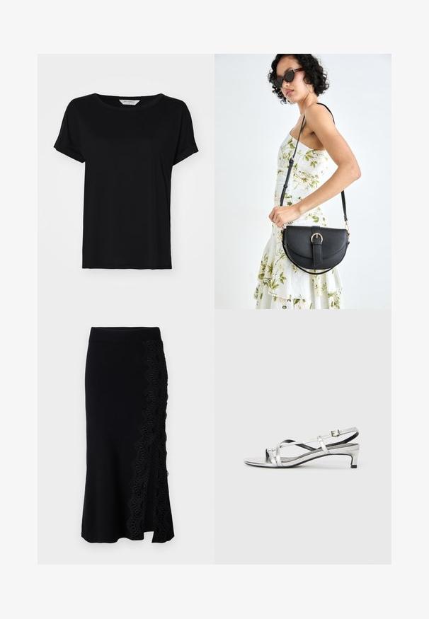 Zwarte kortekorte mouw t-shirt van zachte stof, met een ronde halslijn en een relaxte pasvorm, met gestikte zoomdetails.; Zwarte gebreide rok met een golvende kantafwerking aan de zijkant. De zoom is licht uitlopend en de tailleband is glad en aansluitend.; Zilveren metalen slingback sandaal met een lage hak, voorzien van kruislings banden en een gladde textuur. Minimalistisch design.; Zwarte leren handtas met een gebogen vorm, afneembare schouderband en gouden hardware. De tas heeft een klep met een gespsluiting.
